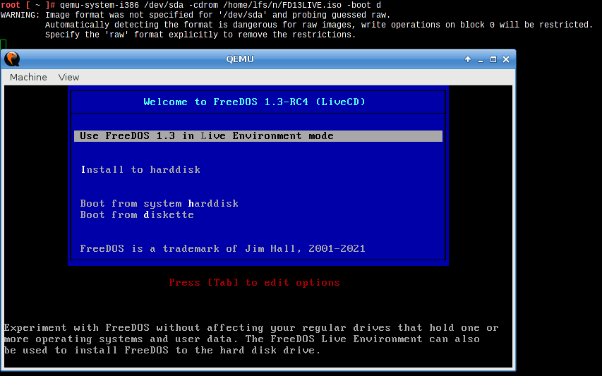 qemu installing FreeDOS 1.3rc4